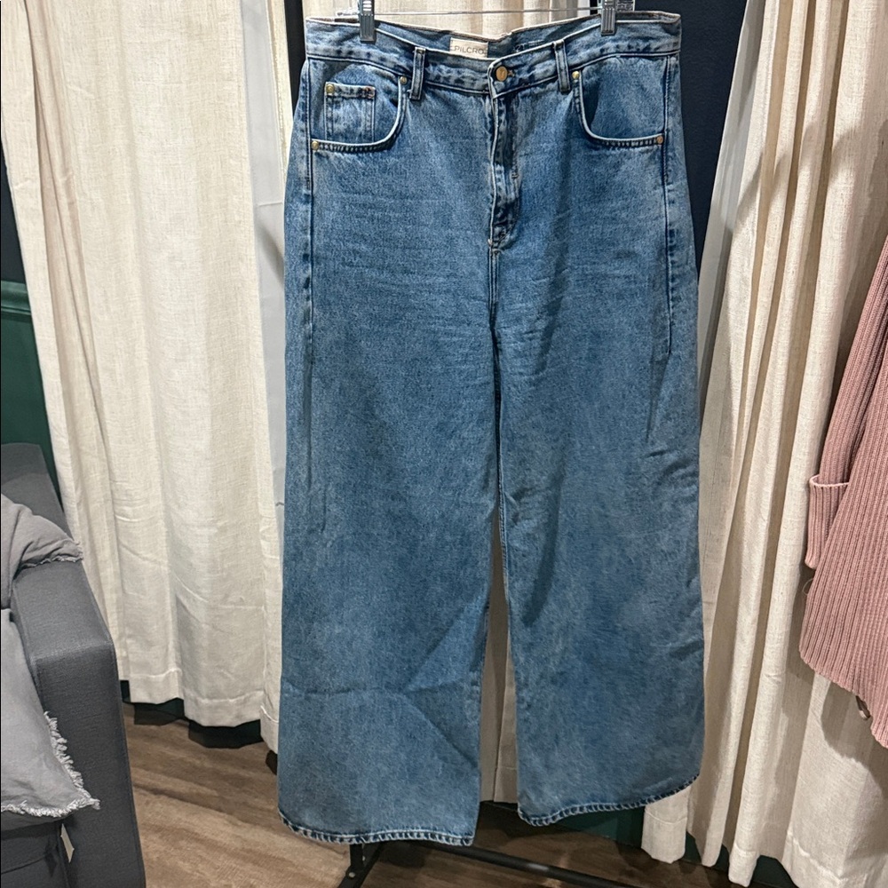 Pilcro Wide-Leg Flare Jeans in Blue Denim